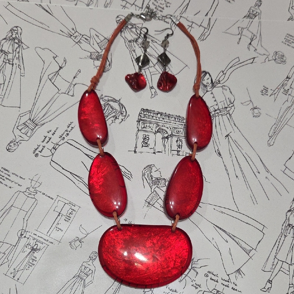 Chico's Red Statement Bead Necklace with Matching Earrings